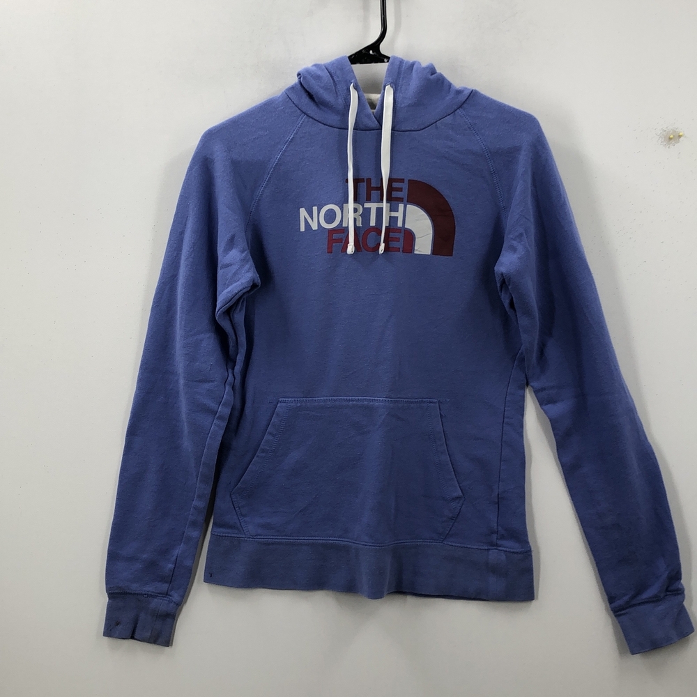 The North Face Hoodie Womens Small Blue Logo Graphic Fleece Pullover Sweatshirt
